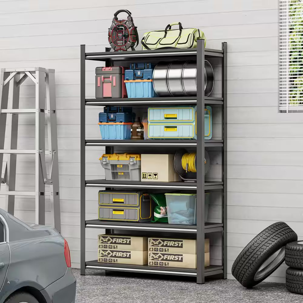 Garage Storage Rack, 6-Story Metal Shelves, Adjustable Pantry Organizer Partition Storage Unit, Black