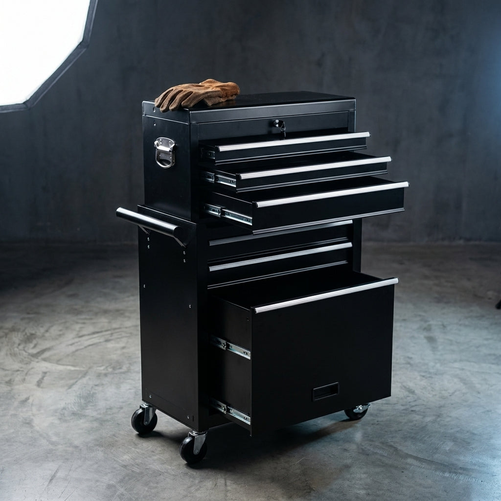 Heavy Duty 24 In. W X 13 In. D 8-Drawer Black Alloy Steel Rolling Tool Cabinet — Studio Shot
