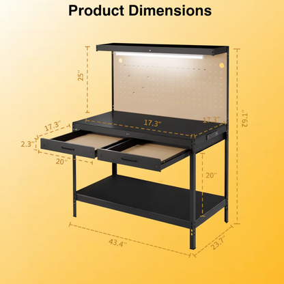 600 Lbs. Capacity Workbench W/ 120-Volt LED Work Light, A3 Steel Work Table for Garage Tool Storage, Workshop, Basement