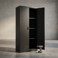 Garage Storage Cabinet 70.9" H X31.5" W 15.7" D in Black Steel Cabinet with 4 Shelves 2 Doors and Lock — Studio Shot