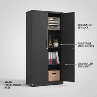 31.5 In. W X 71 In. H X 15.8 In. D Metal Freestanding Cabinet in Black with Lock for Home Gym Office School Garage — Feature Infographic