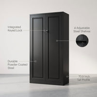 Garage Storage Cabinet 70.9" H X31.5" W 15.7" D in Black Steel Cabinet with 4 Shelves 2 Doors and Lock — Feature Infographic