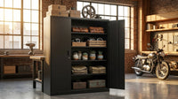 Garage Storage Cabinet 70.9" H X31.5" W 15.7" D in Black Steel Cabinet with 4 Shelves 2 Doors and Lock — Lifestyle